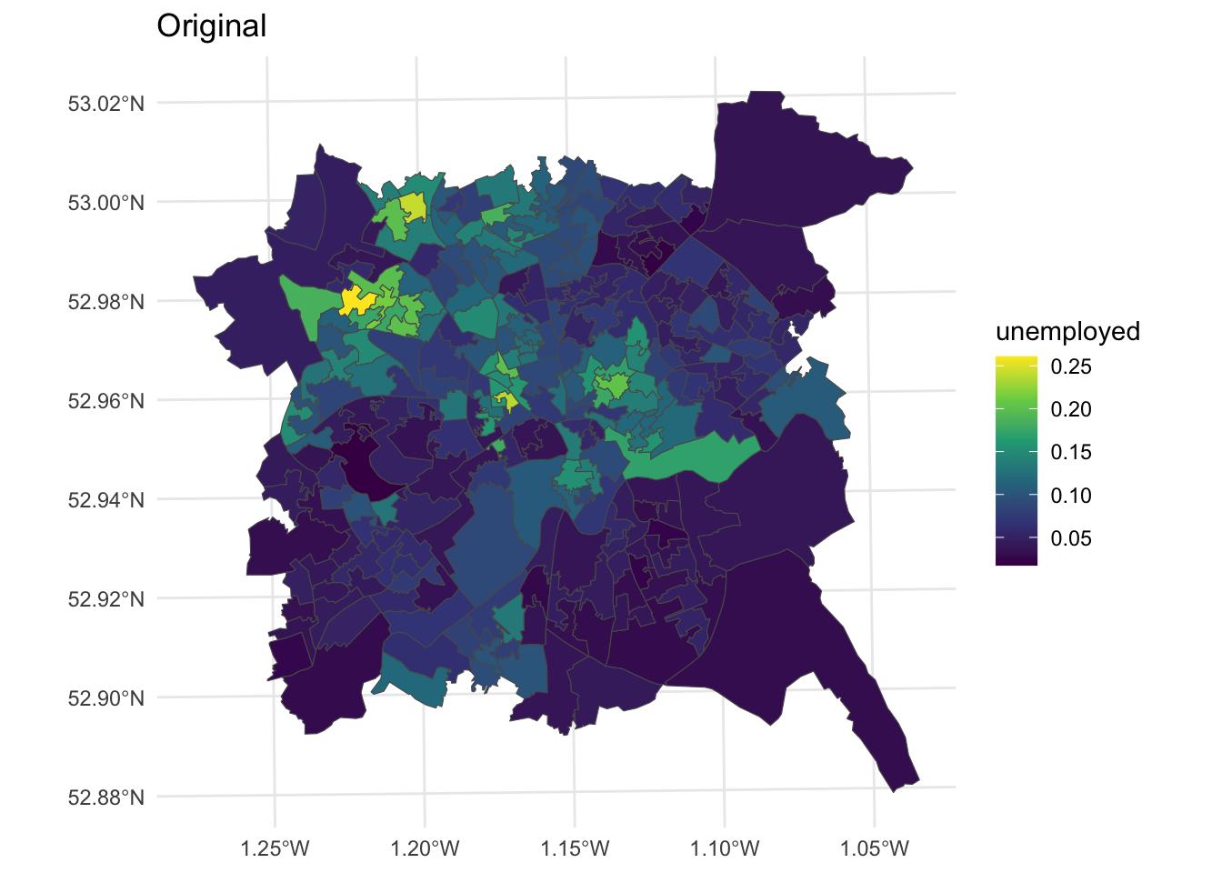 Unemployment rates over LSOAs in Nottingham.