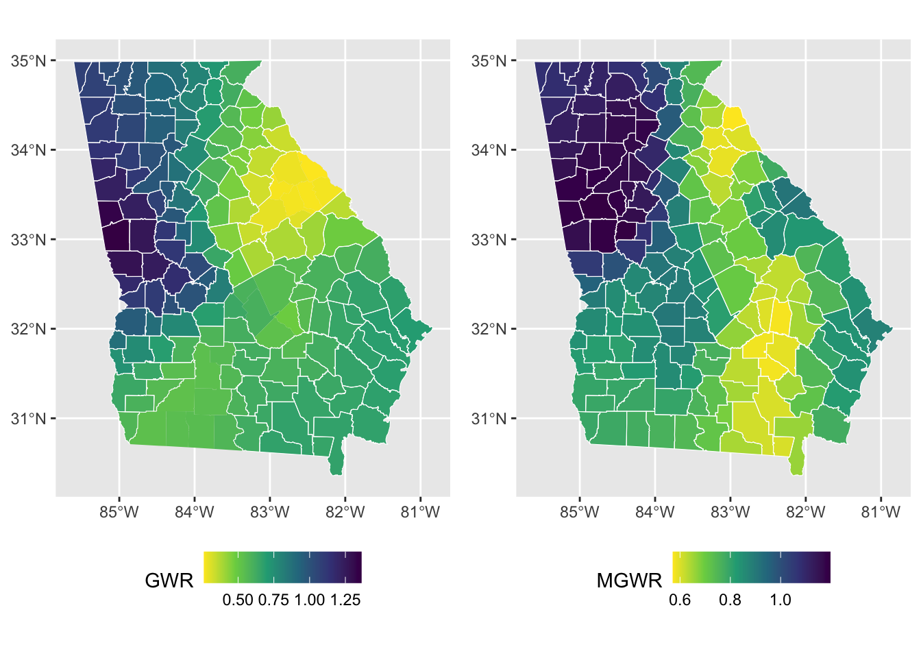 A comparison of spatially varying coefficiecnt estimates using GWR and MGWR, with local significance indicated.