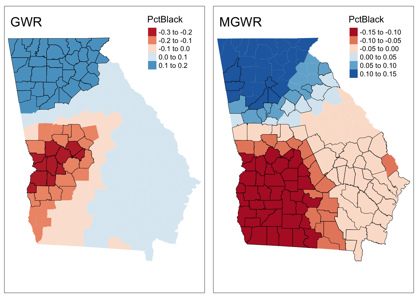 A comparison of spatially varying coefficiecnt estimates using GWR and MGWR, with local significance indicated.