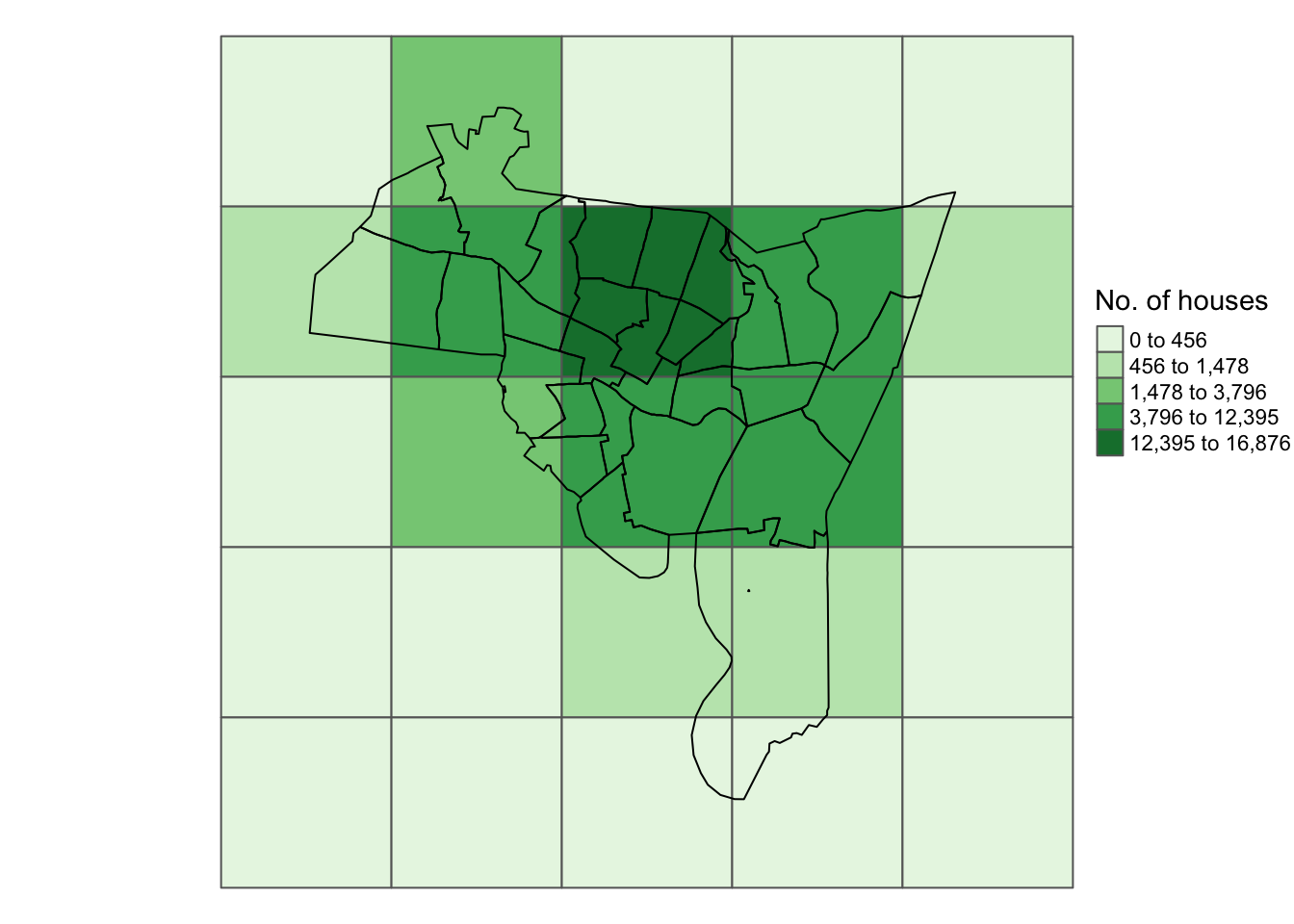 The zones shaded by the number of households after intersection with the census tracts