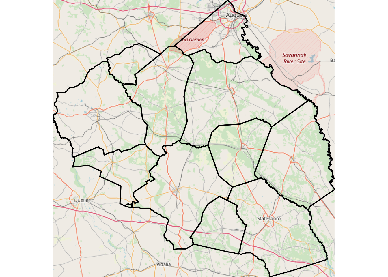 A subset of Georgia with an OpenStreetMap backdrop