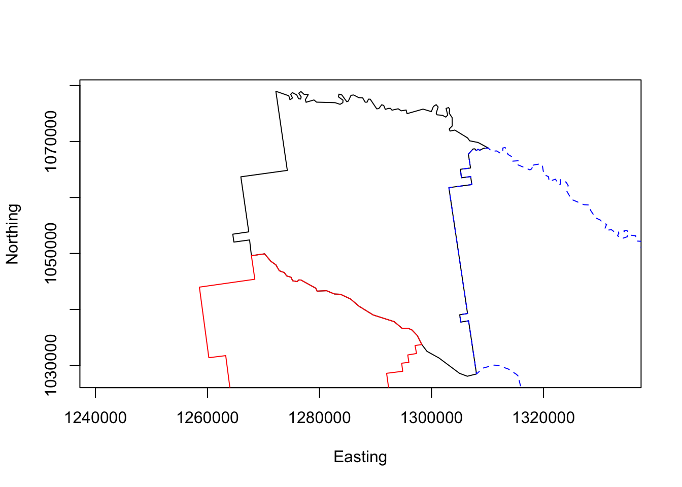 A simple plot of Appling County and 2 adjacent counties.