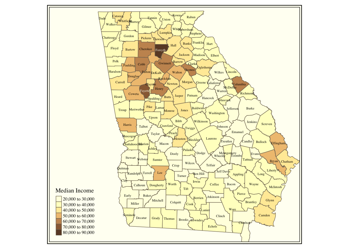 Counties in the state of Georgia shaded by median income