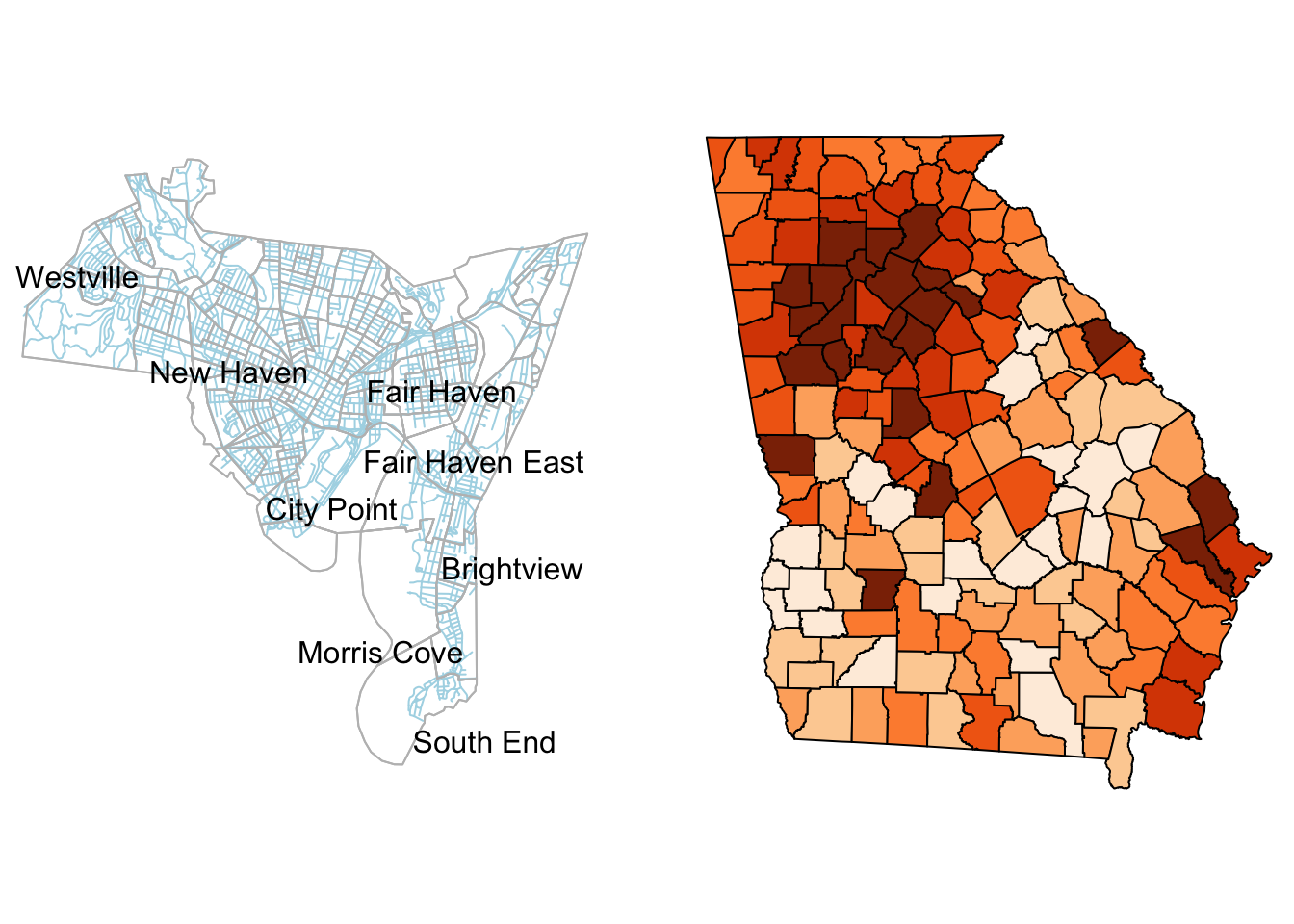 The New Haven census blocks areas with roads in blue and the counties in the state of Georgia shaded by median income