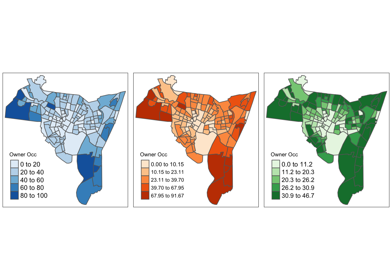 Different chroropleth maps of owner occupied properties in New Haven using different shades and class intervals.