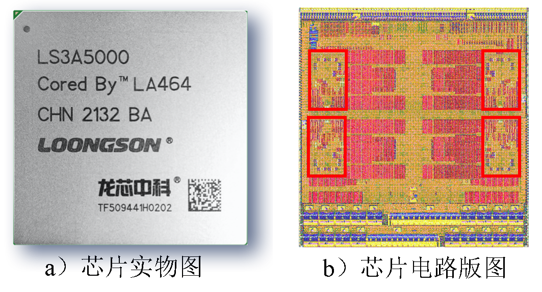 龙芯3A5000通用处理器芯片实物图及电路版图