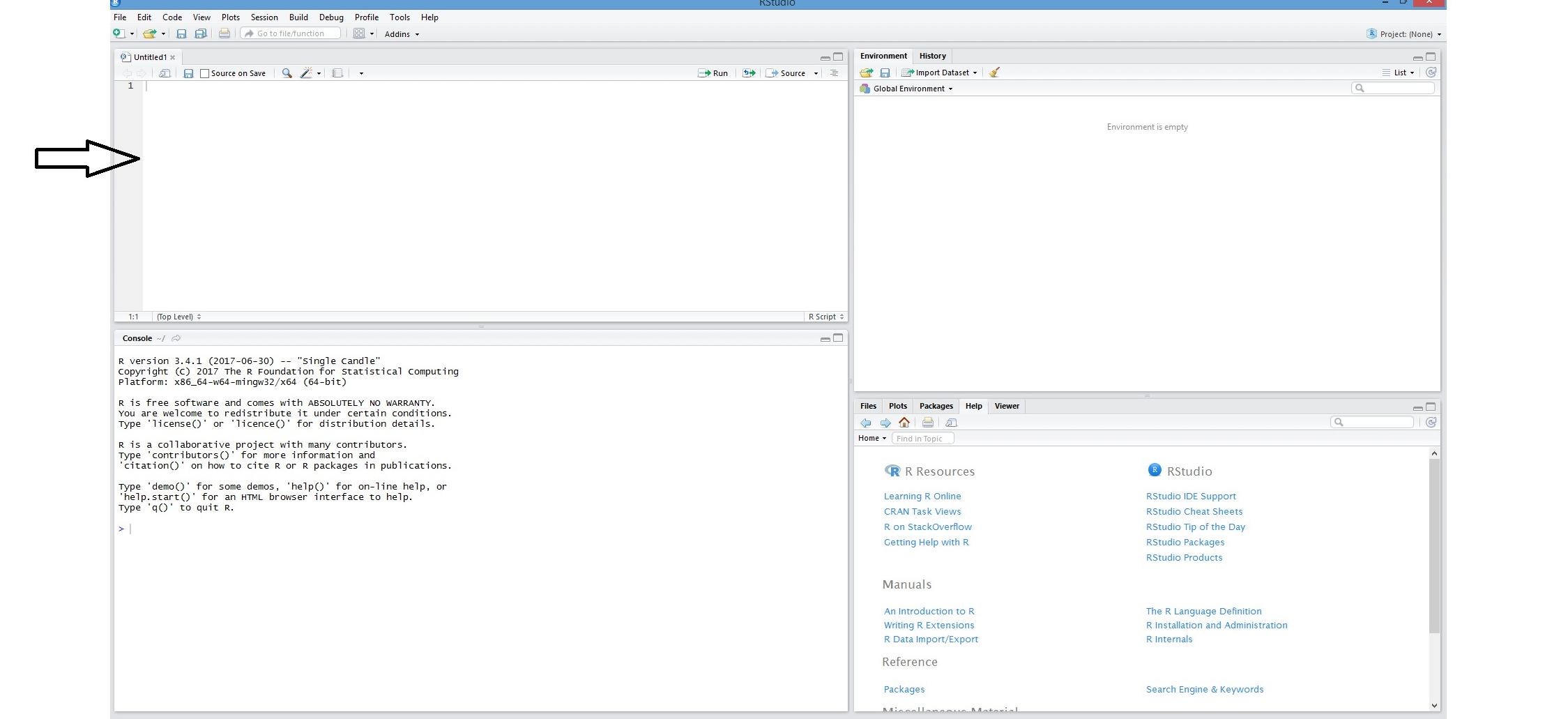 Screenshot of RStudio. An arrow points to the top left pane, where a new script file has appeared.