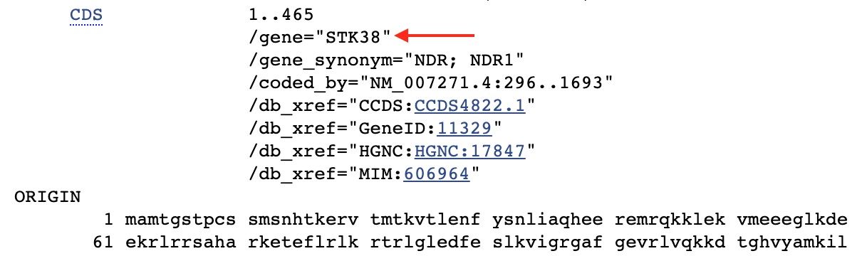 This is a screenshot of a small portion of a protein information page for [NP_009202.1](https://www.ncbi.nlm.nih.gov/protein/NP_009202.1). The CDS annotation includes information about the gene. The official gene corresponding to this protein is STK38. This is the gene name used by the UCSC genome browser. Search for it!