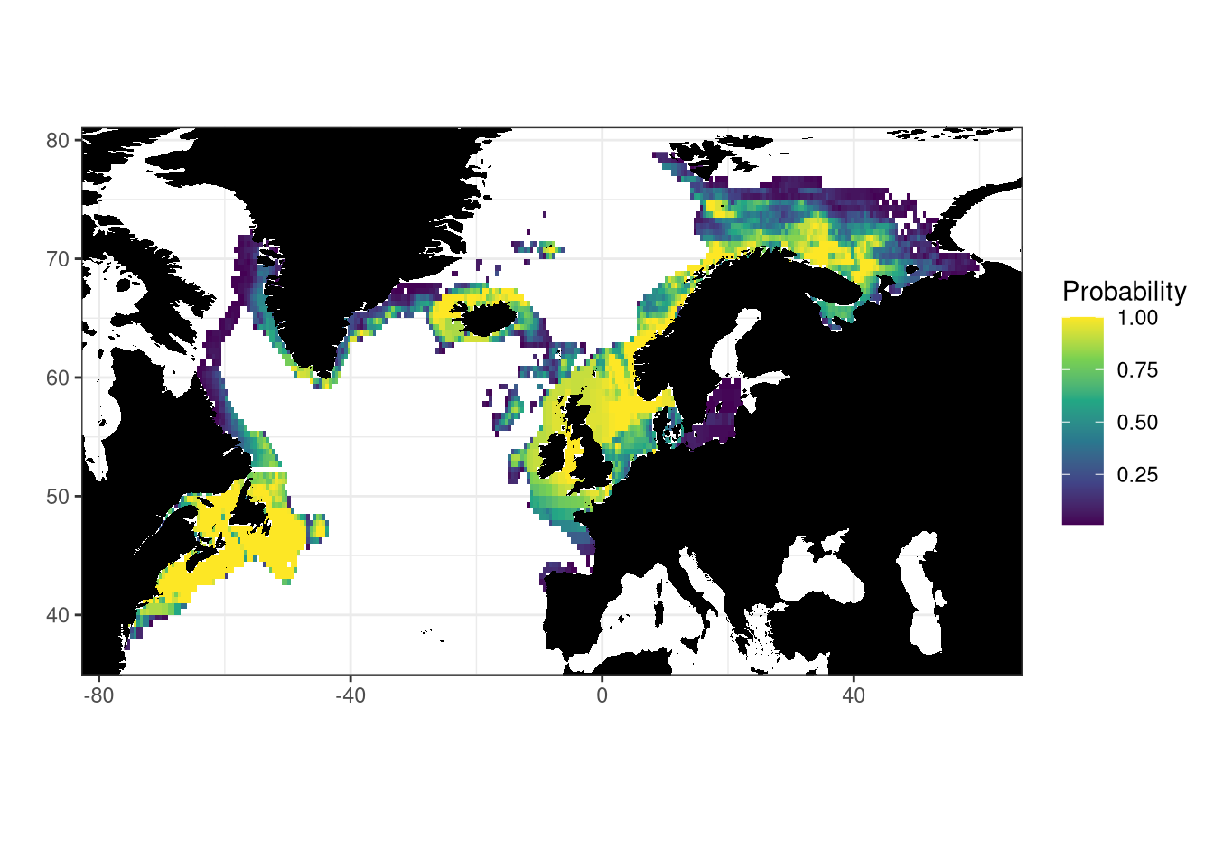 Aquamap native distribution map for Atlantic cod