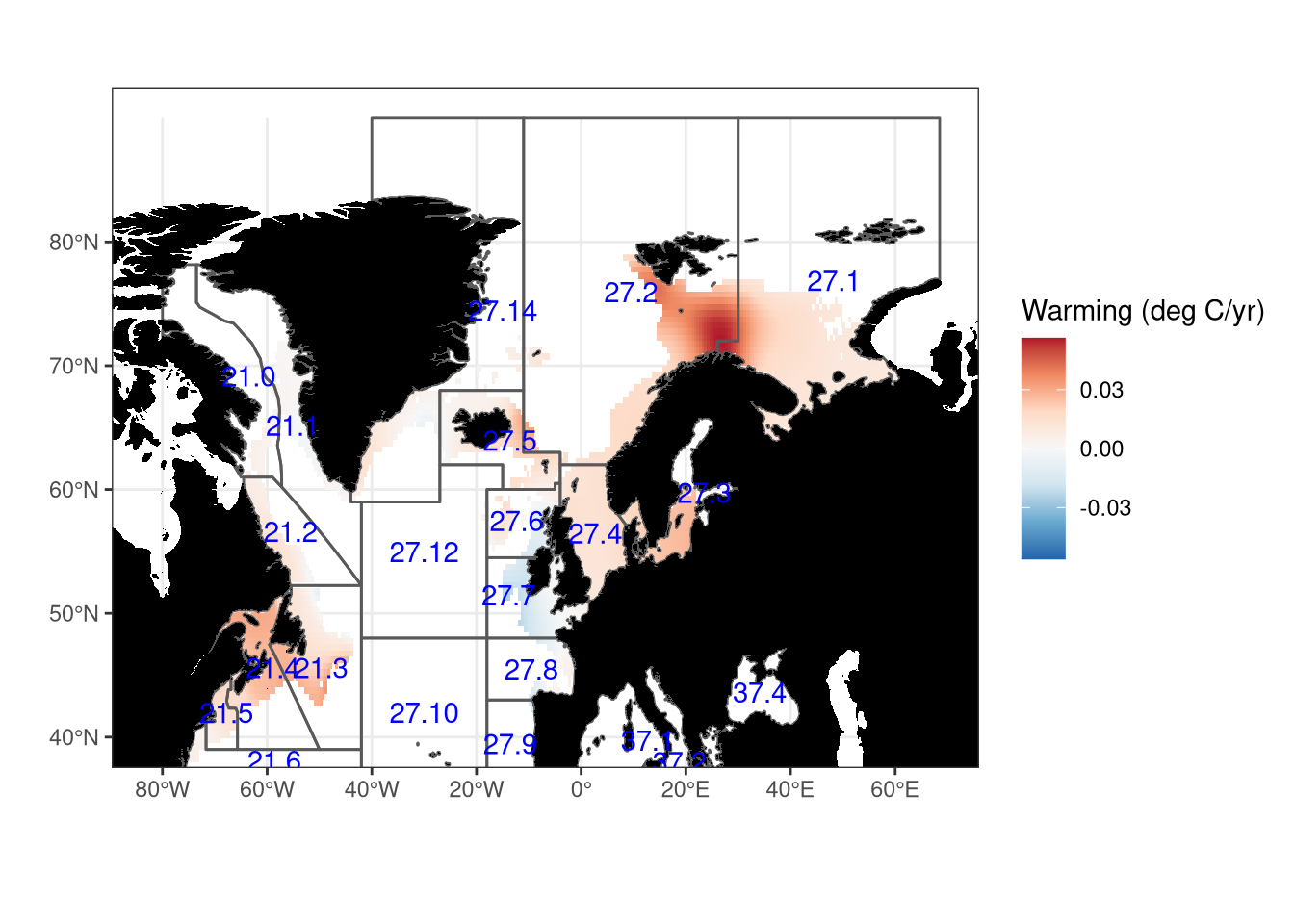 Average rate of warming derived from Aquamaps