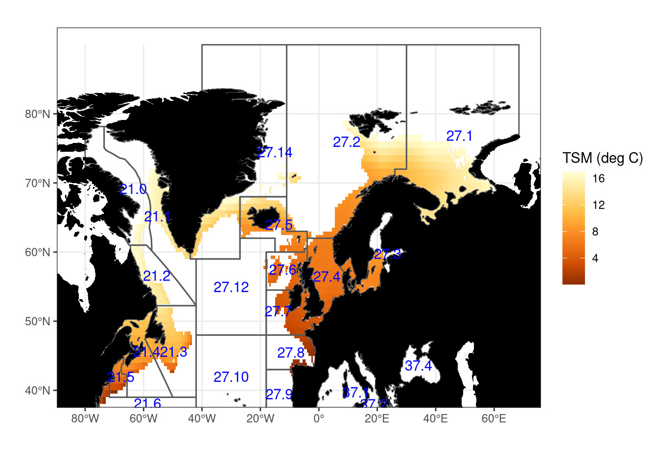 Aquamaps TSM (deg C) for Atlantic cod