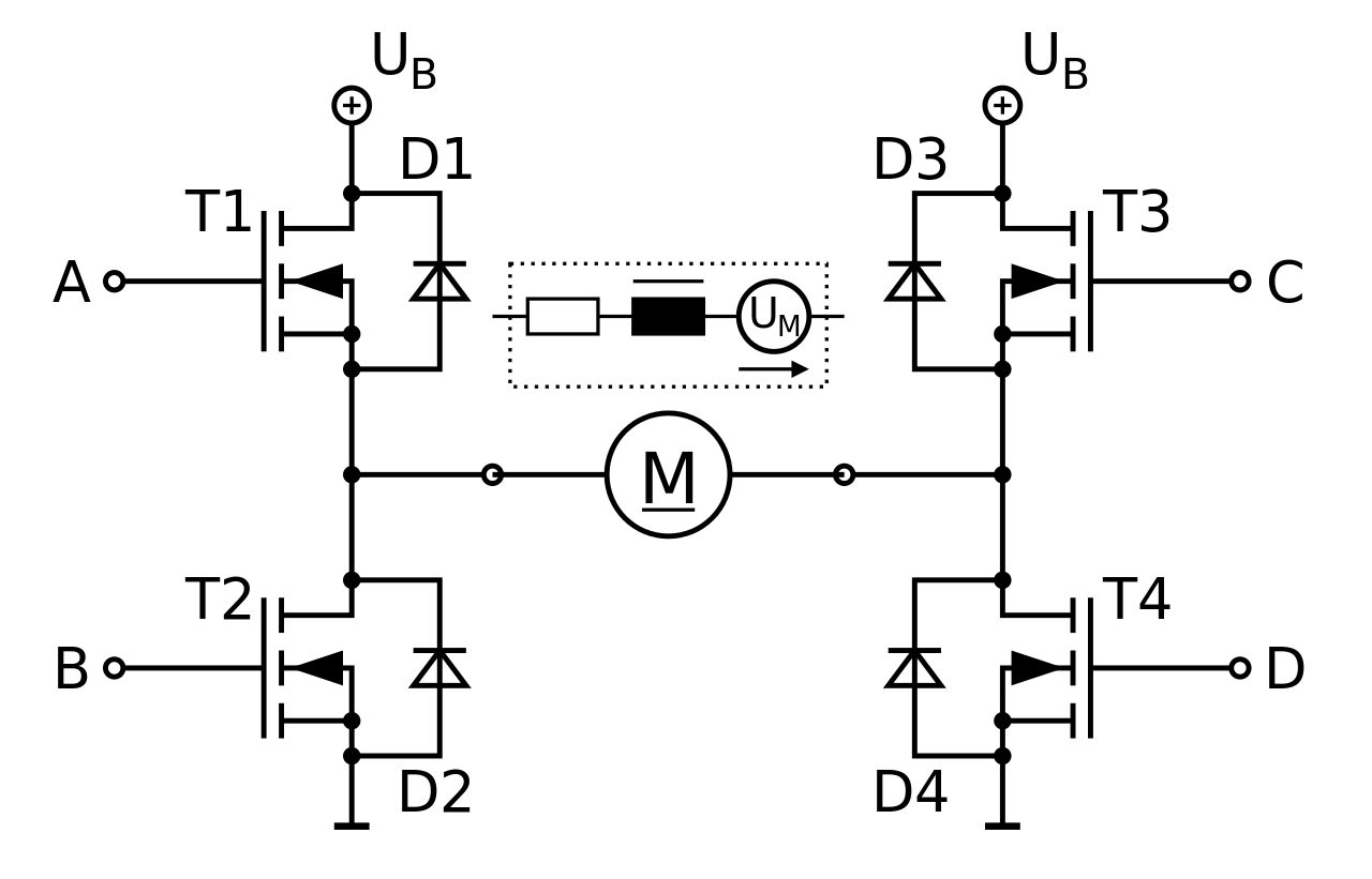 Vereinfachte Darstellung einer H-Brücke (Bildquelle: https://de.wikipedia.org/wiki/Vierquadrantensteller/media/File:Vierquadrantensteller.svg)