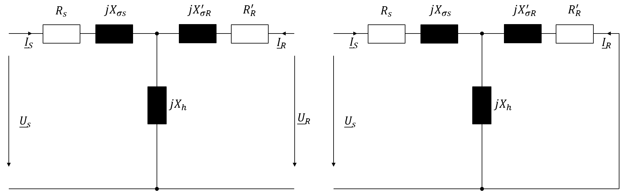 T-Ersatzschaltbild der stillstehenden ASM (links: mit herausgeführten Rotorwicklungen, rechts: mit Kurzschlusskäfig)