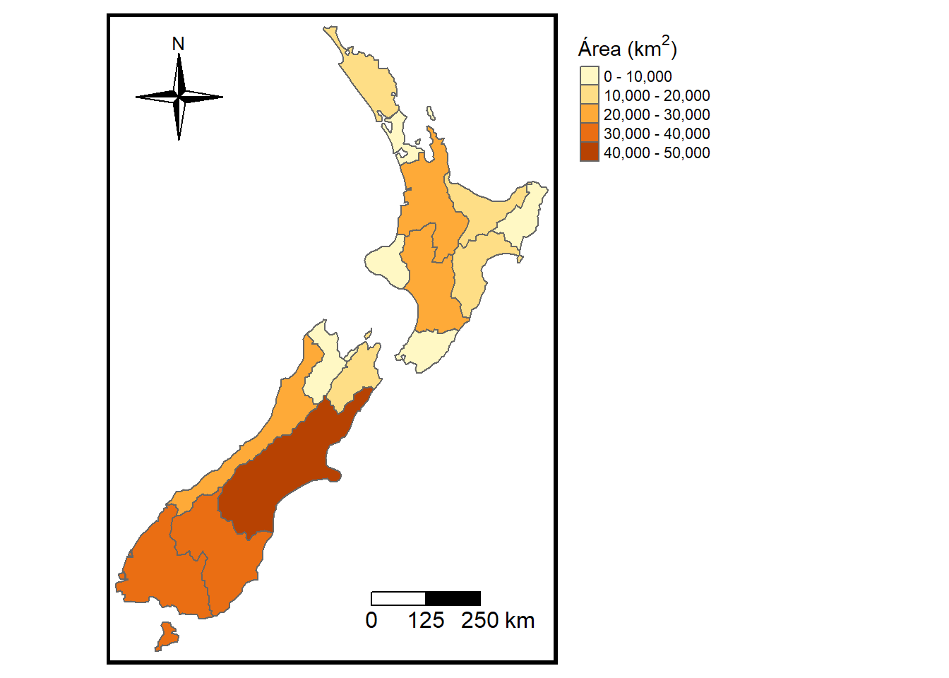 Mapa de Nueva Zelanda. Coloreado según área.