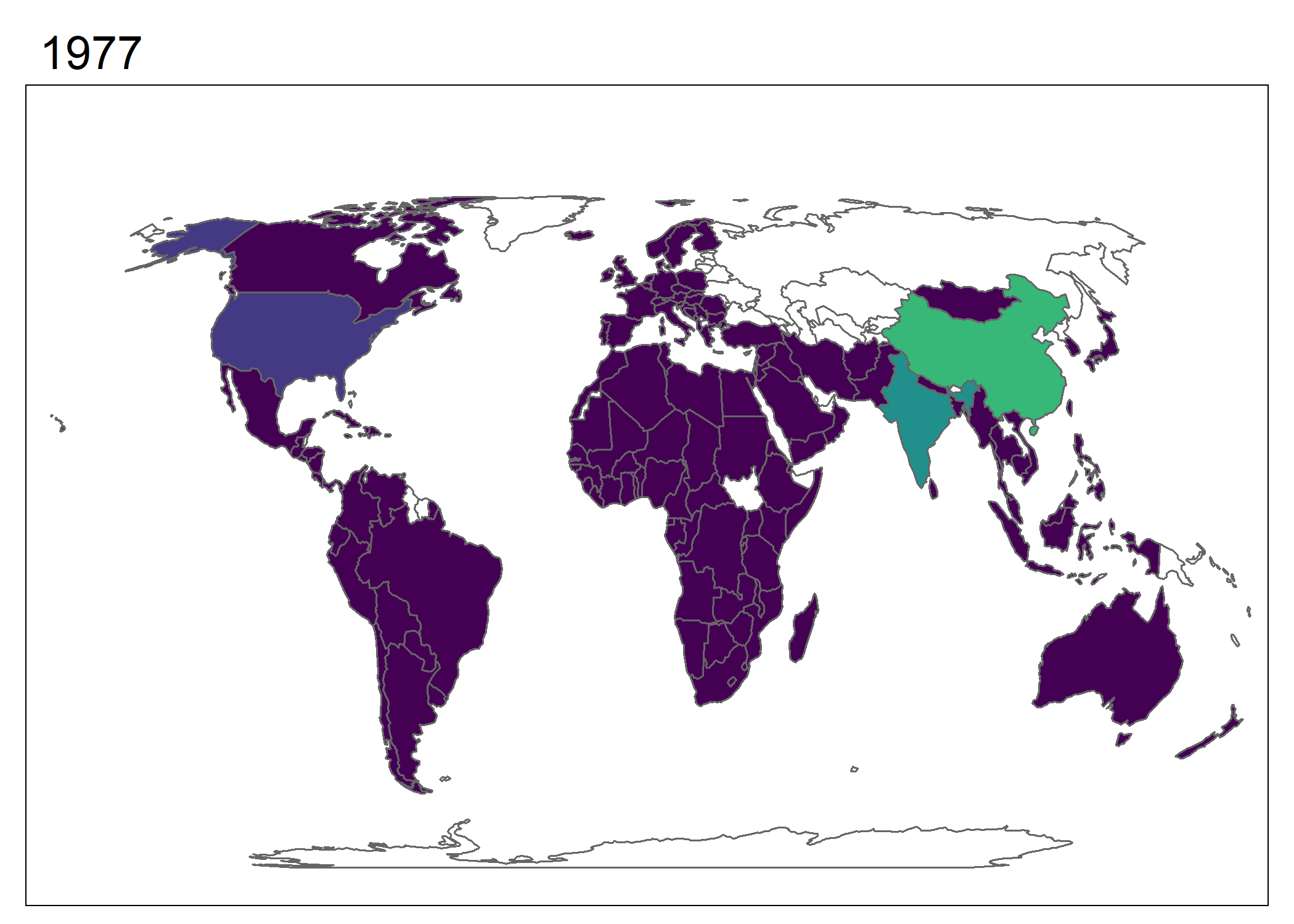 Gráfico animado creado utilizando tmap. Cambio en población sobre tiempo. Los cambios en China y India eclipsan a otros países en escala.