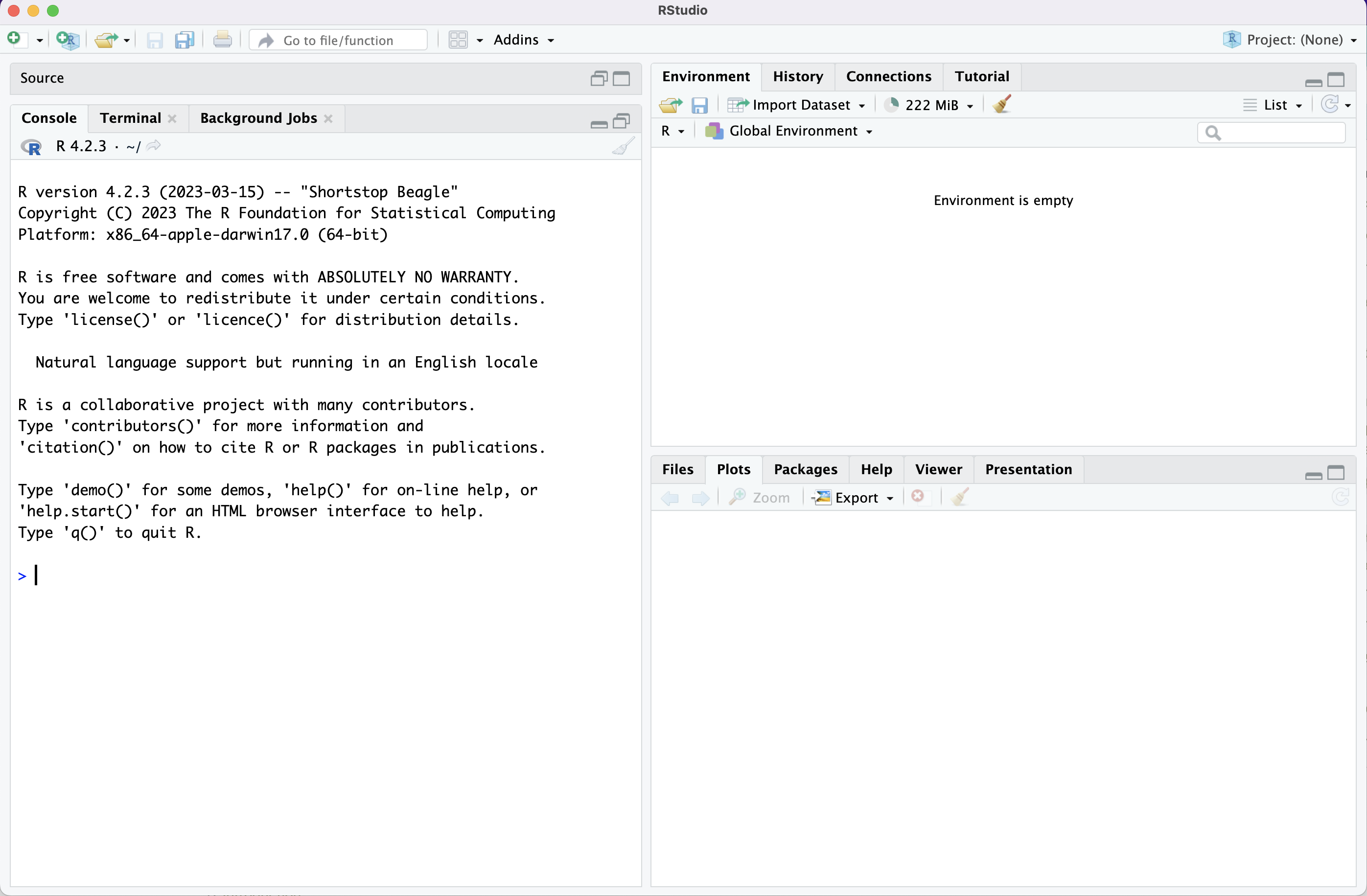 The initial RStudio screen