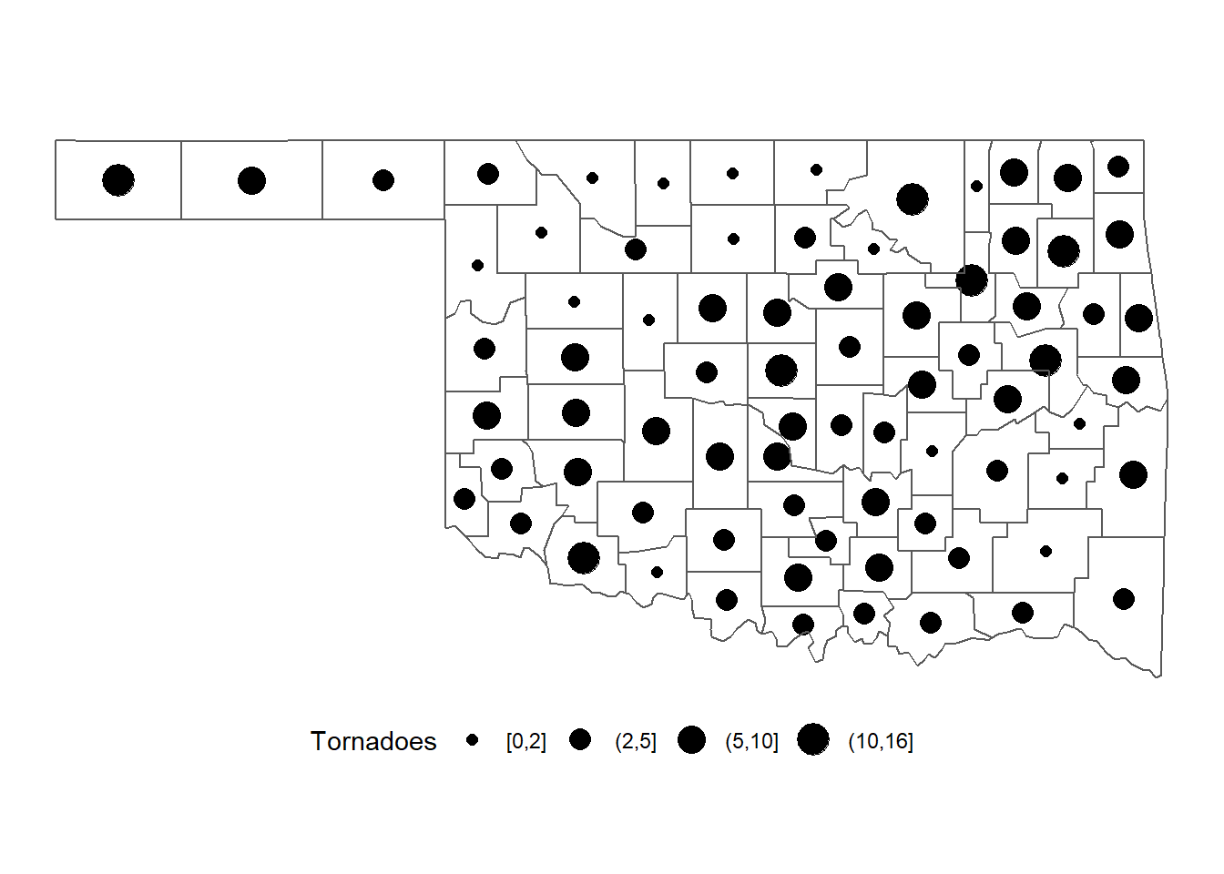 Numbers of tornadoes in Oklahoma counties from 2016-2021 mapped as graduate symbols with categories.