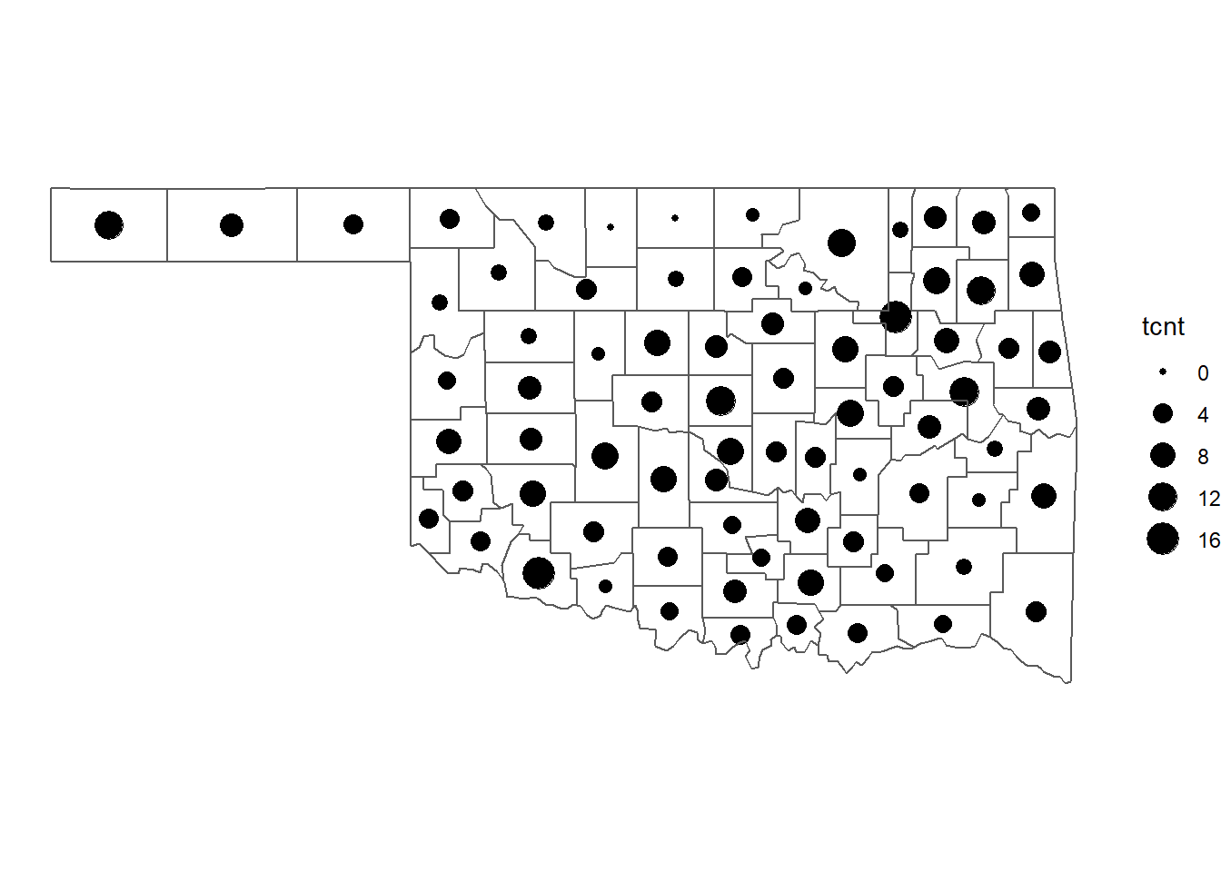 Numbers of tornadoes in Oklahoma counties from 2016-2021 mapped as graduated symbols.