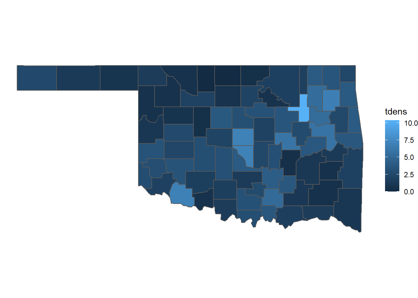 Densities of tornadoes in Oklahoma counties from 2016-2021 mapped as a choropleth.