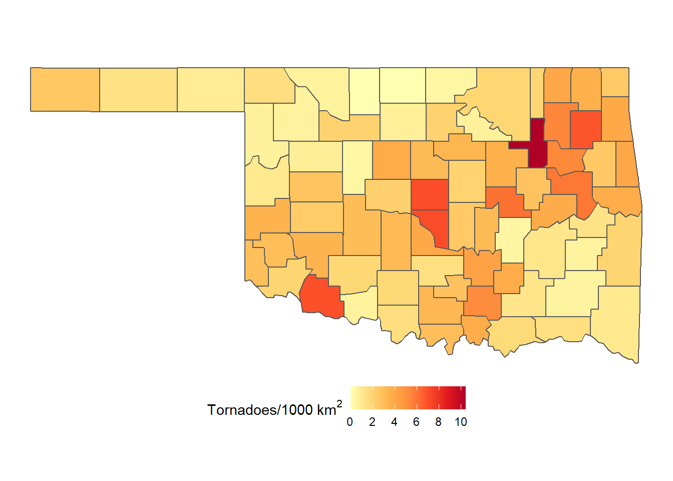 Densities of tornadoes in Oklahoma counties from 2016-2021 mapped as a choropleth with a custom palette.