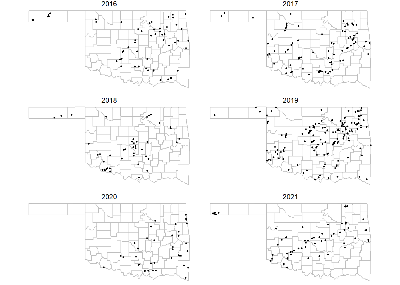 Initiation points of tornadoes in Oklahoma from 2016-2021 with years mapped as separate facets.