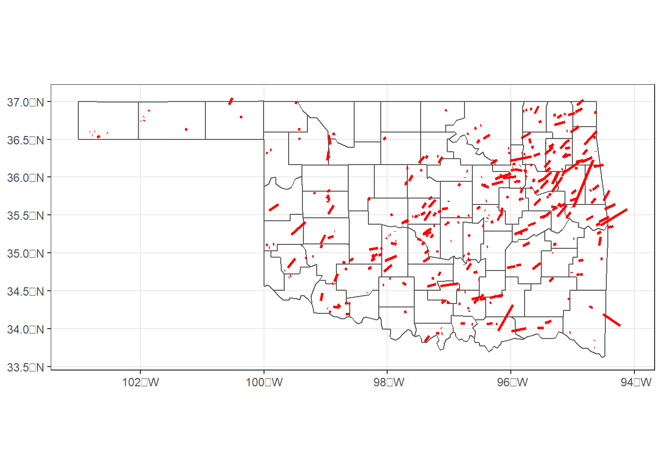 Paths of tornadoes in Oklahoma from 2016-2021.