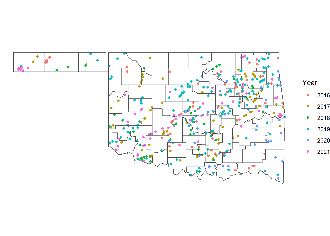Initiation points of tornadoes in Oklahoma from 2016-2021 with years represented by the color aesthetic.