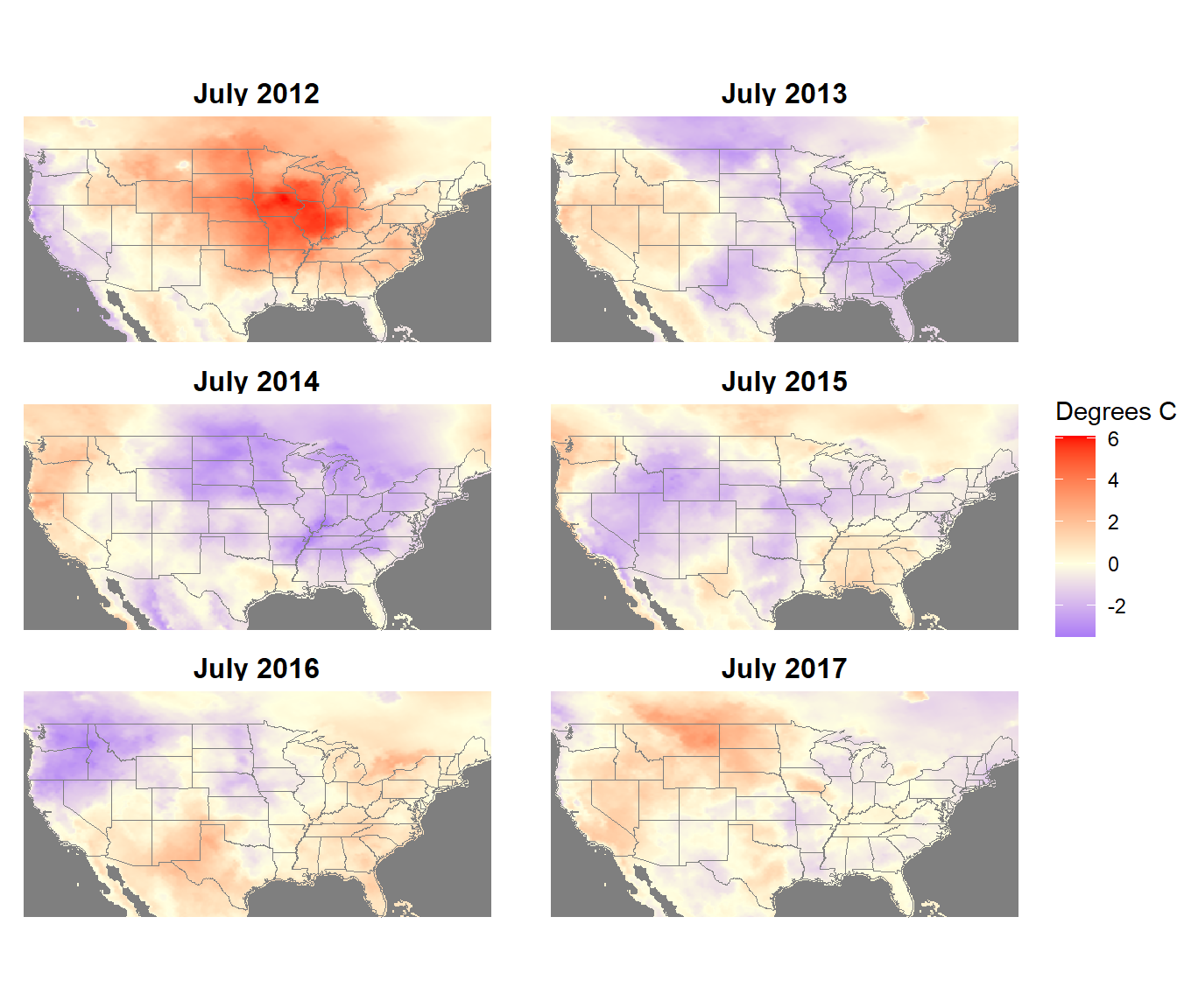 July temperature anomalies from the NLDAS forcings dataset.