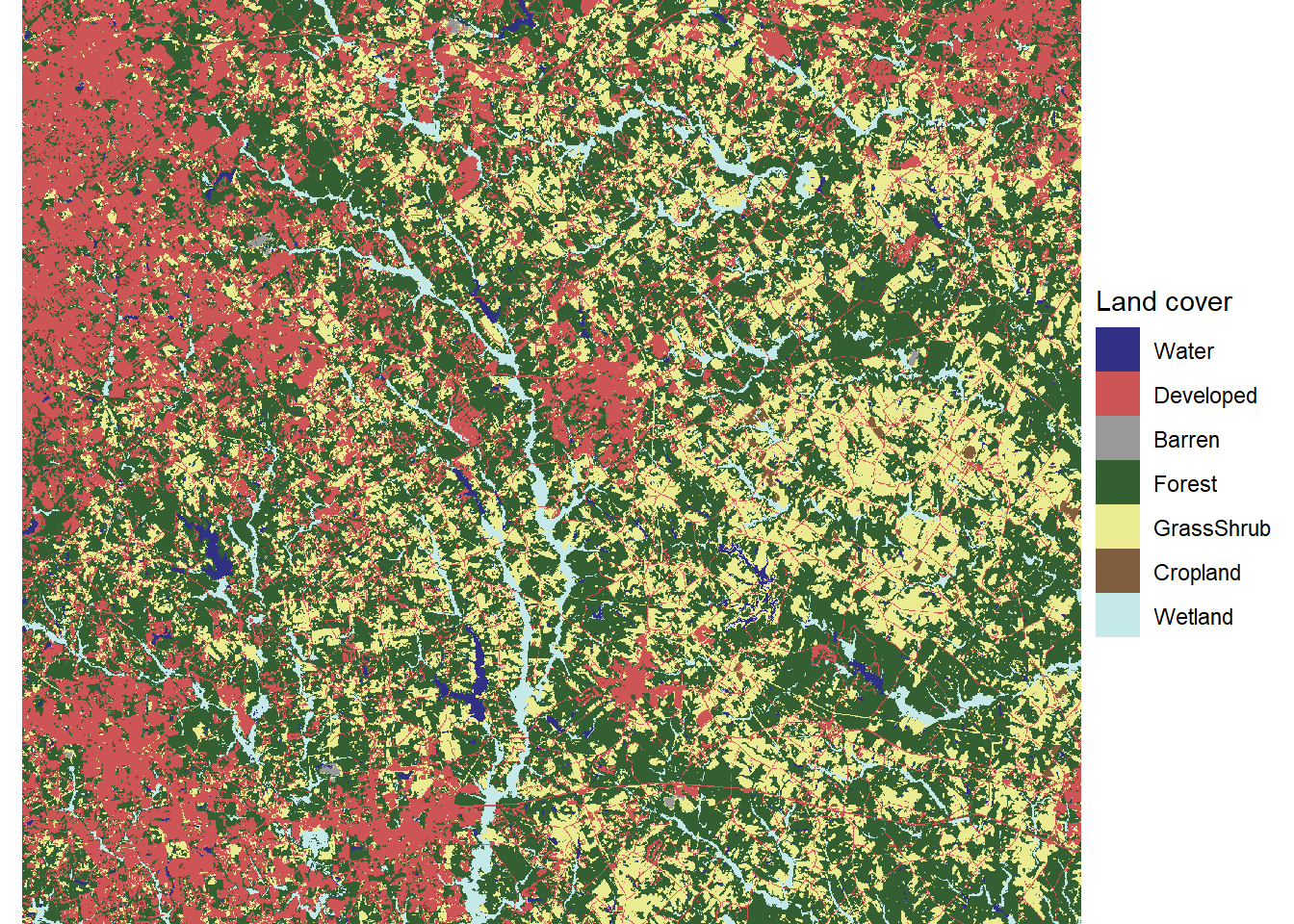 Land cover map with reclassified land cover types and desaturated colors.