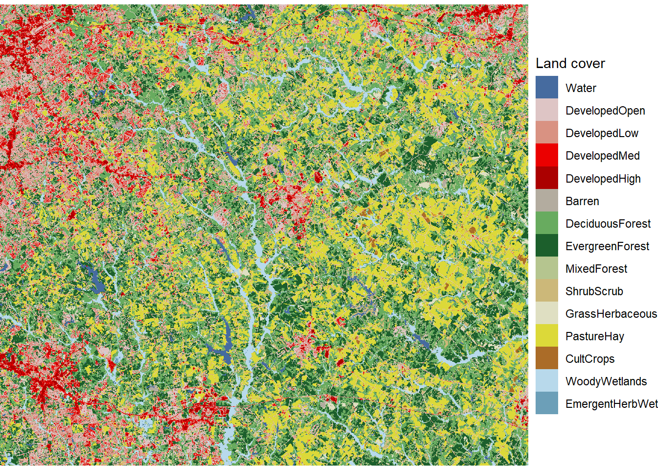 Land cover map with unique colors and labels for every land cover class.