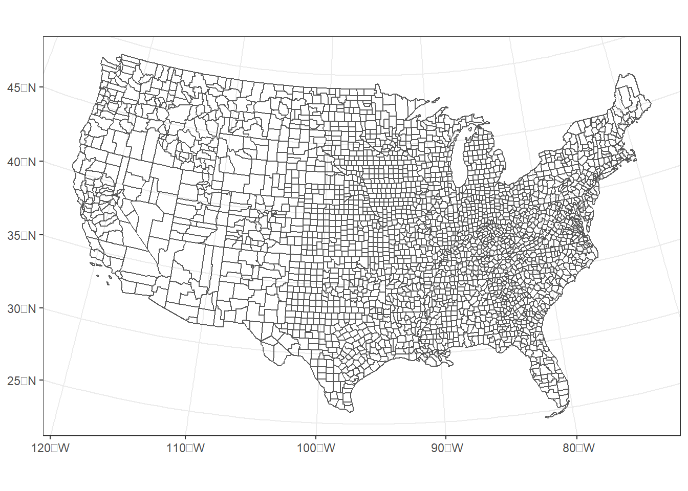 U.S. counties projected back to an Albers Equal Area coordinate system for the conterminous United States.