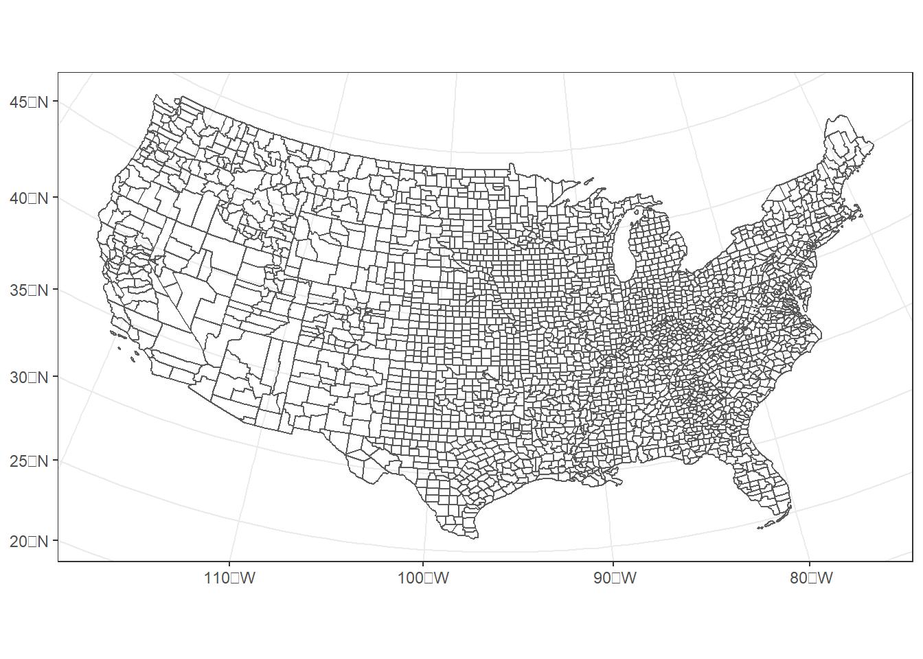 U.S. counties projected into an Albers Equal Area coordinate system with standard parallels located too far north.