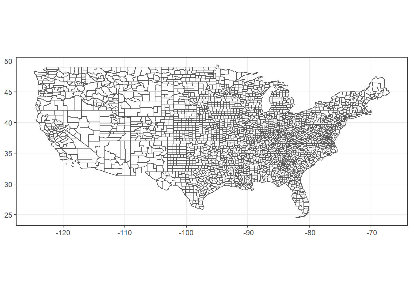U.S. counties mapped in a geographic coordinate system using a dataset that is missing CRS information.