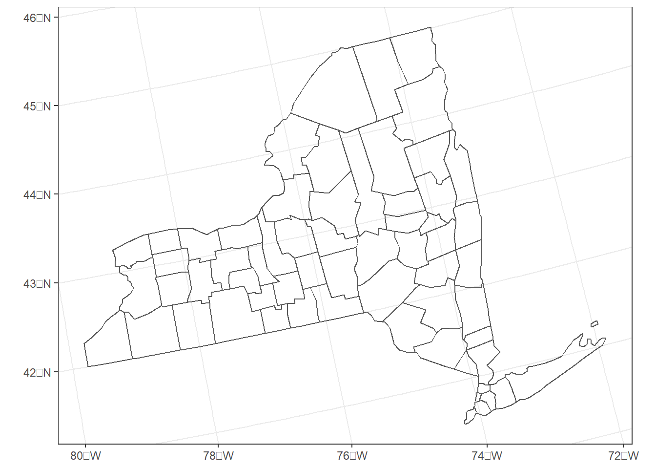 New York counties in an Albers Equal Area coordinate system for the conterminous United States.