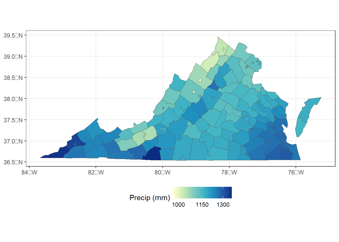County-level zonal summaries of precipitation data from the PRISM dataset for Virginia.