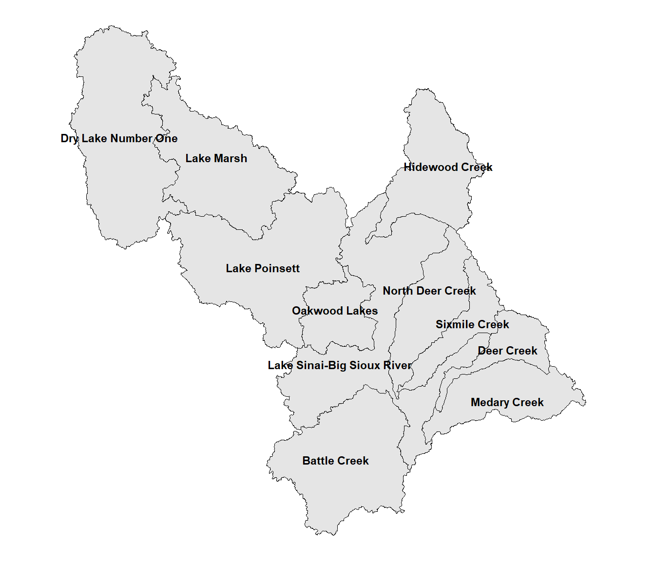 Watersheds in the Middle Big Sioux subbasin with manually adjusted label positions.