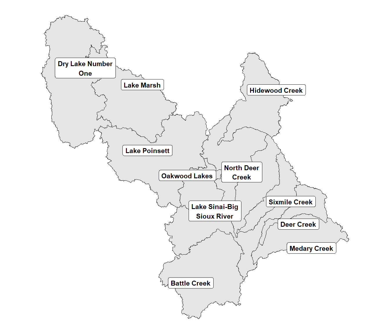 Watersheds in the Middle Big Sioux subbasin with automatically adjusted label positions.