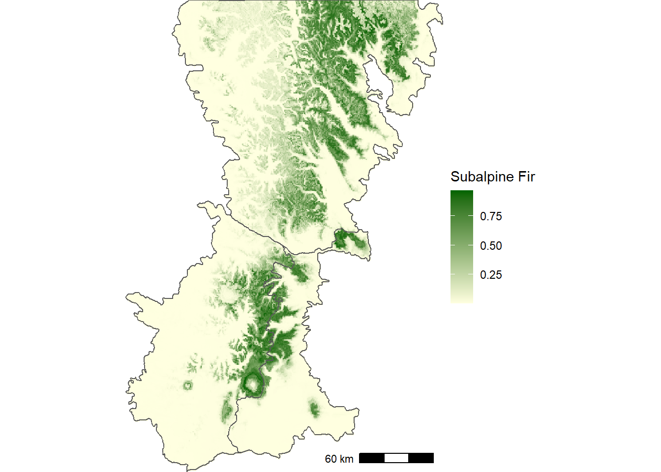 Predicted probability of subalpine fir occurrence based on historical WorldClim bioclimatic indices.