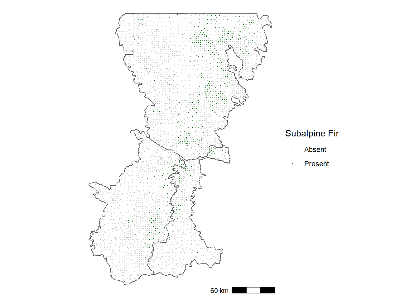 Occurrence of subalpine fir in forest inventory plots in the Washington Cascades.
