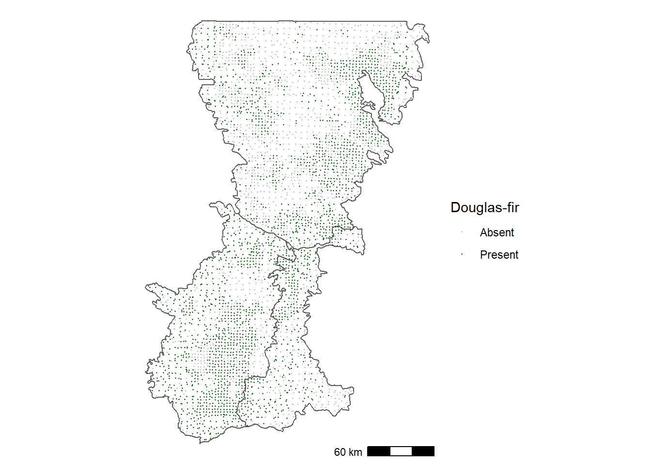 Occurrence of Douglas-fir in forest inventory plots in the Washington Cascades.