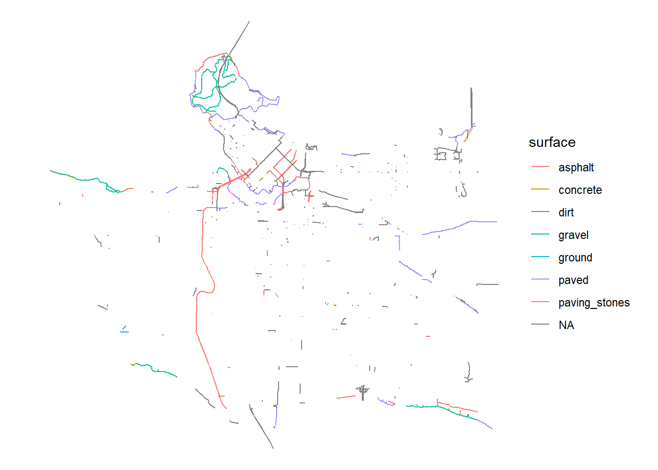 Mapping an attribute of the bicycling infrastructure vector data which describes the surface material.