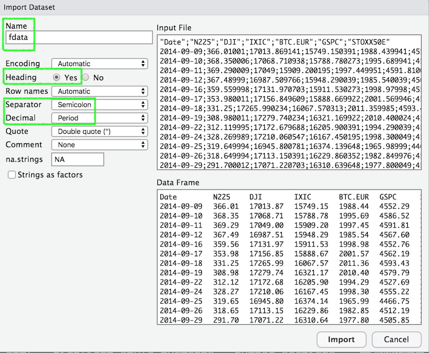 Specification of the csv file characteristics through the Import Dataset feature