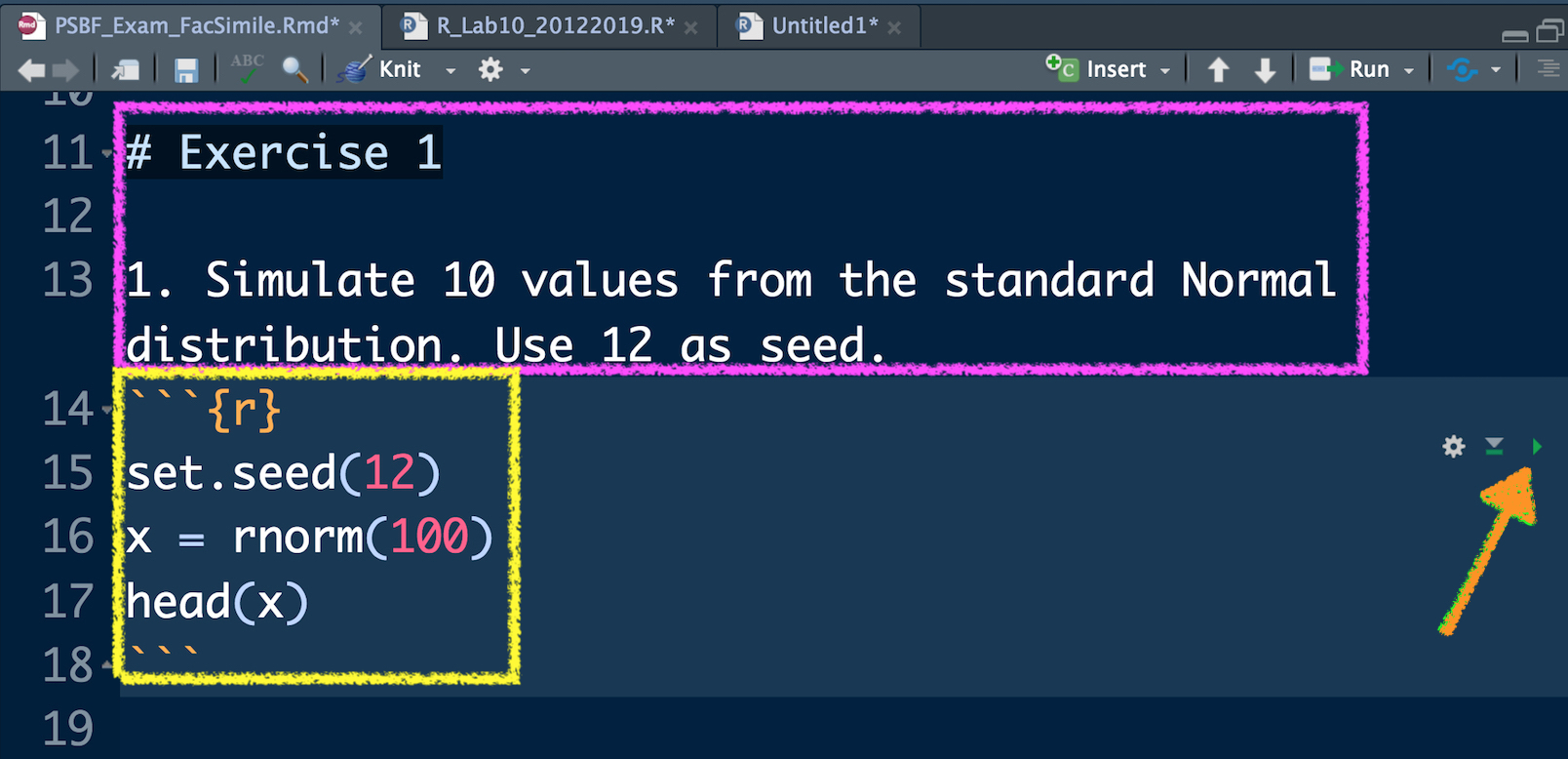 Testo di un esercizio in RMarkdown e relativo code chunk