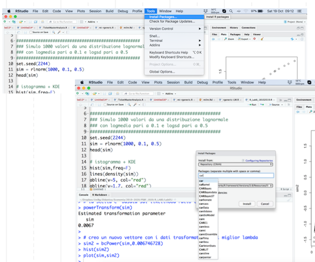 Il menù di RStudio per installare nuovi pacchetti