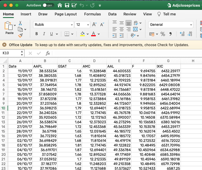 Anteprima di un file di esempio di tipo Excel contenente prezzi