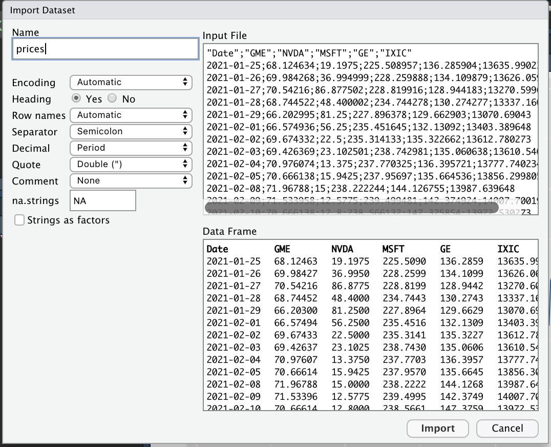 Specification of the csv file characteristics through the Import Dataset feature