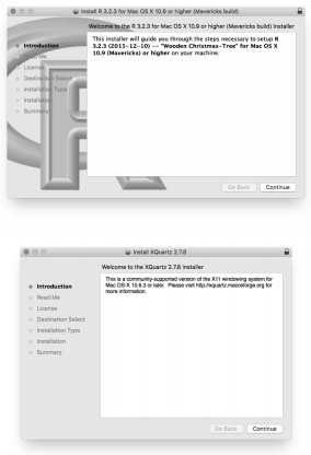 Tampilan awal proses instalasi R for Mac OS X (Sumber: Fox, 2017).