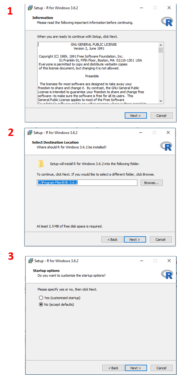 Tampilan tahapan kunci proses instalasi R for Windows.