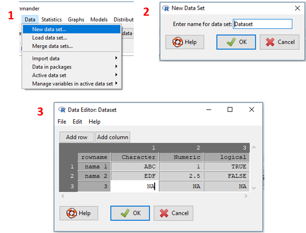 Visualisasi tahapan input dataset pada R Commander.