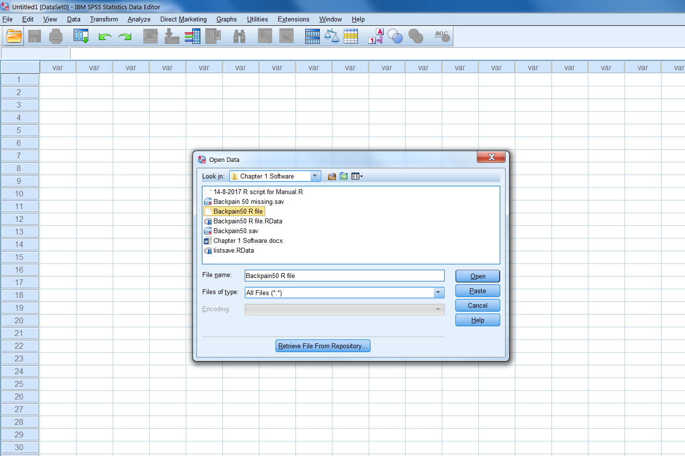 Choosing the dataset to import in SPSS